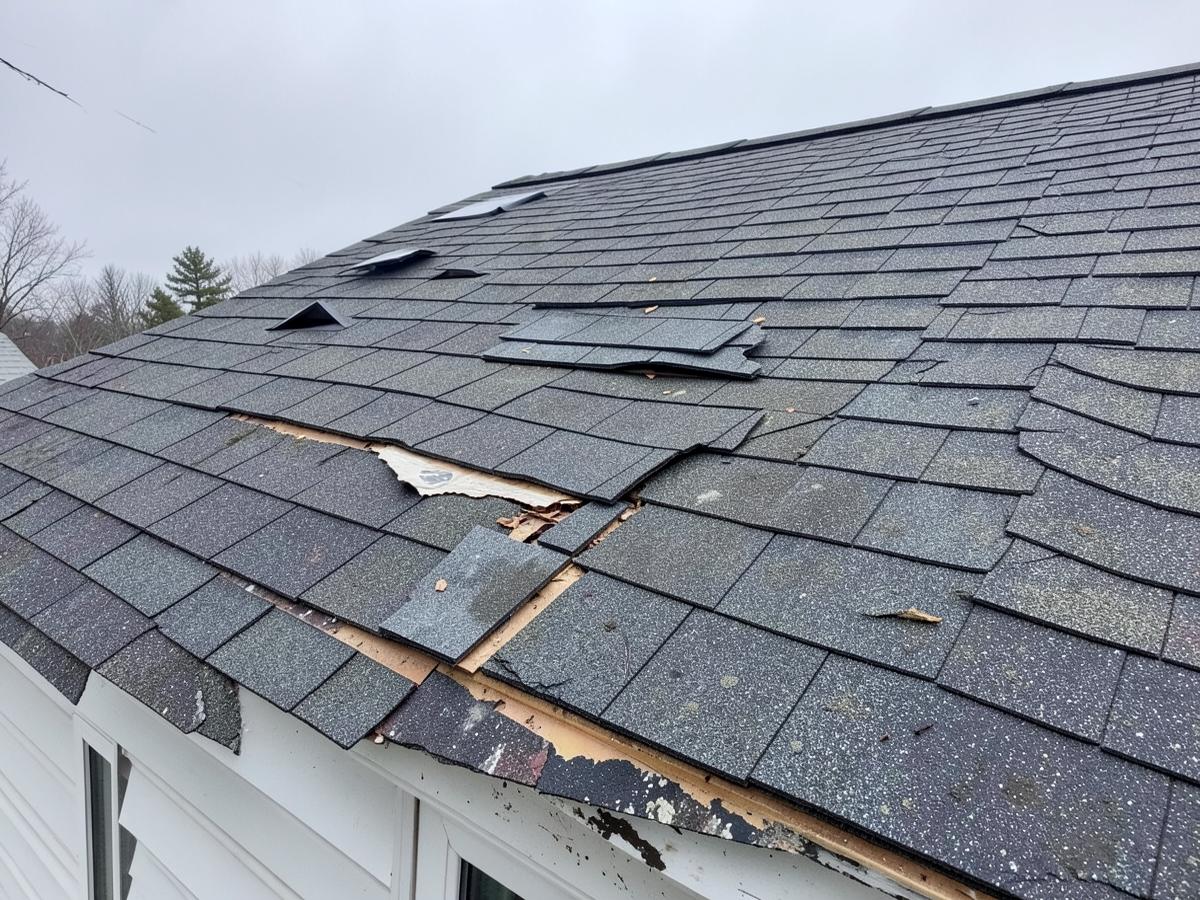 Wind damaged torn shingles signaling roof restoration repair