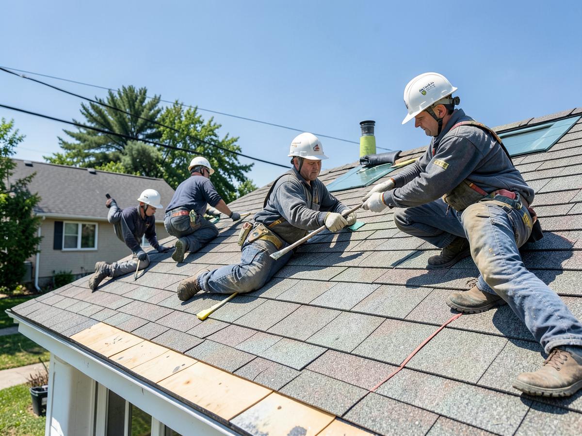Roofing crew inspecting and installing new roof